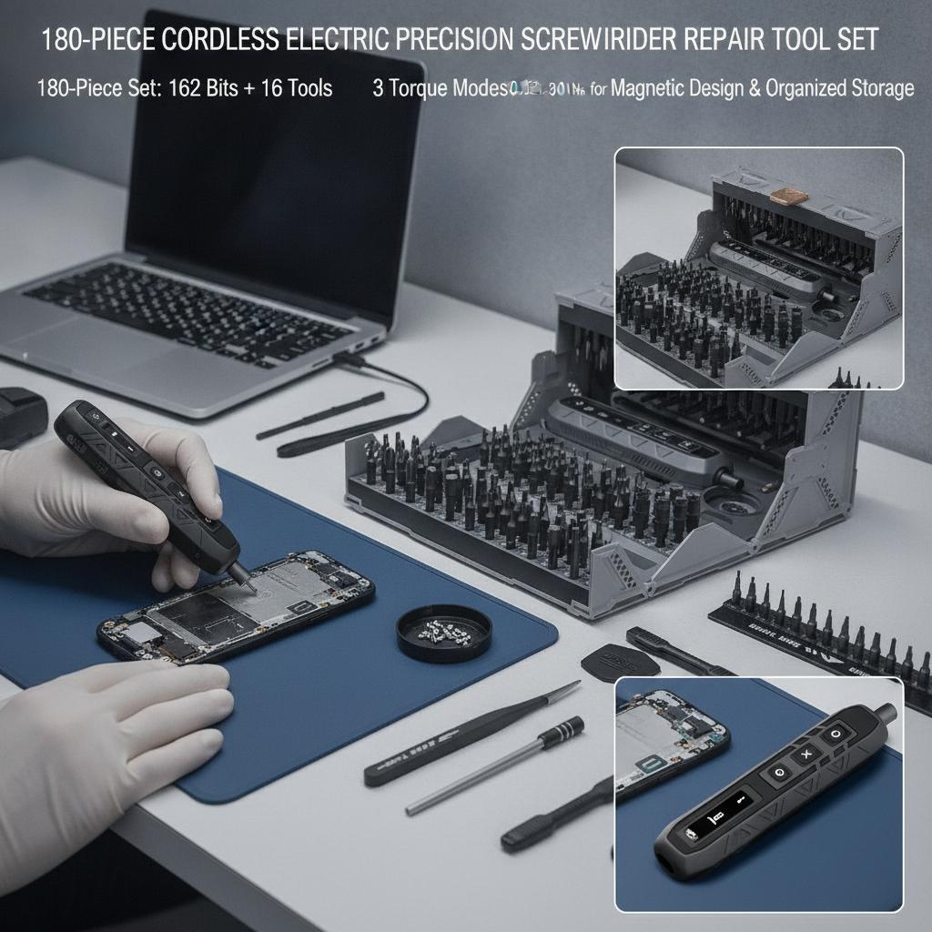 電動ドライバーセット 180 in 1 精密ドライバーキット 3つのトルクモード コードレス電動ツール付き 160ピース磁気ビット 電子機器修理 DIY ホームセンター用 人間工学に基づいたデザインで快適