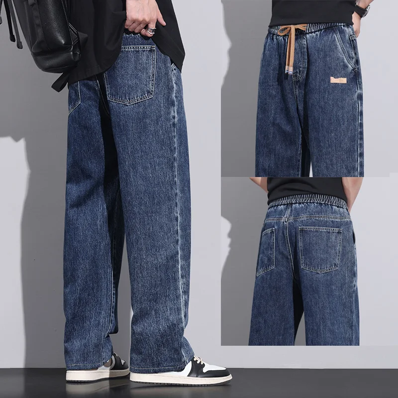 男性ダークブルーブルーストレッチ弾性ウエストデニムパンツストリートルーズ全身ズボンストレートワイドレッグ巾着ジーンズ