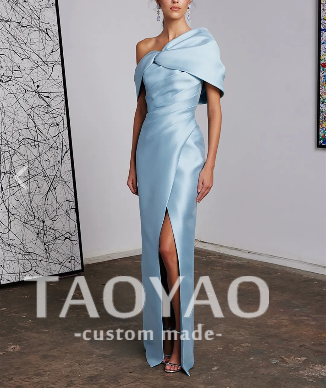 ロング ライトブルー カスタマイズされたサテン ワンショルダー イブニング ドレス スリット シース床長さのプリーツ ローブ ド 夜会パーティー プロム ドレス