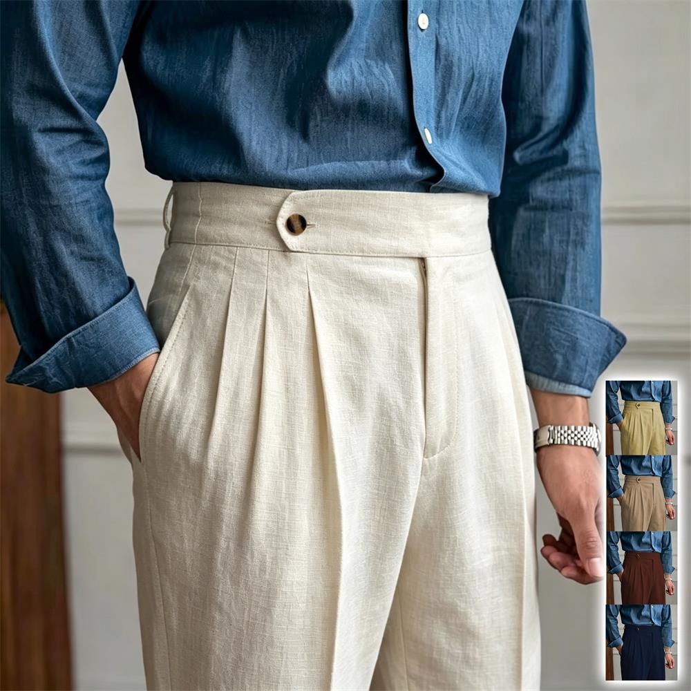 Classics Italian Naples Style Linen Men Suit Trousers Summer Trendy High Waist Pants Male Business Office Pleated Streetwear