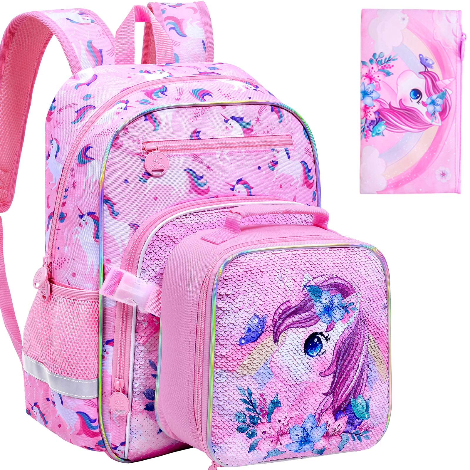 女の子用ユニコーンバックパック、3個子供用スパンコールブックバッグセット、クリップ式ランチボックス付き、小学校就学前幼児用スクールバッグ