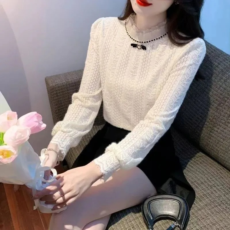 韓国フリル襟レーストップ女性秋冬フリース裏地スリムフィットエレガントな長袖ブラウス S-3XL