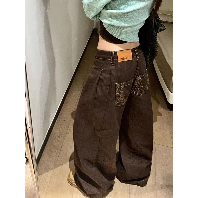 ZHIZOU アメリカ柄刺繍だぶだぶブラウンジーンズ女性ハイストリートヴィンテージ Y2K 2000 年代ヒップホップファッションカジュアルワイドレッグパンツ