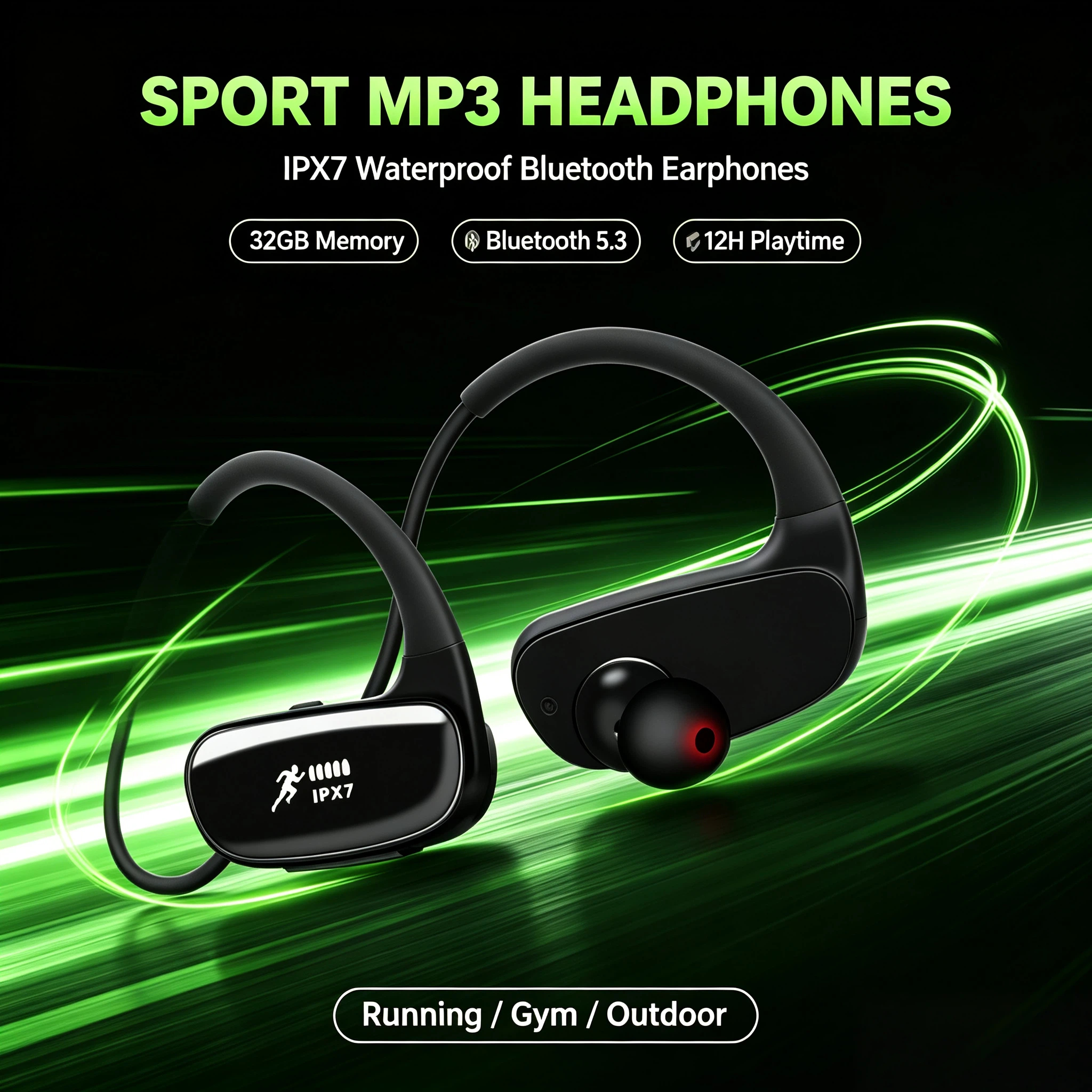 Bluetooth スポーツイヤホン IPX7 防水 32GB 内蔵 MP3 ストレージ付き ランニング サイクリング ハイキング ジム用セキュアフィットヘッドフォン