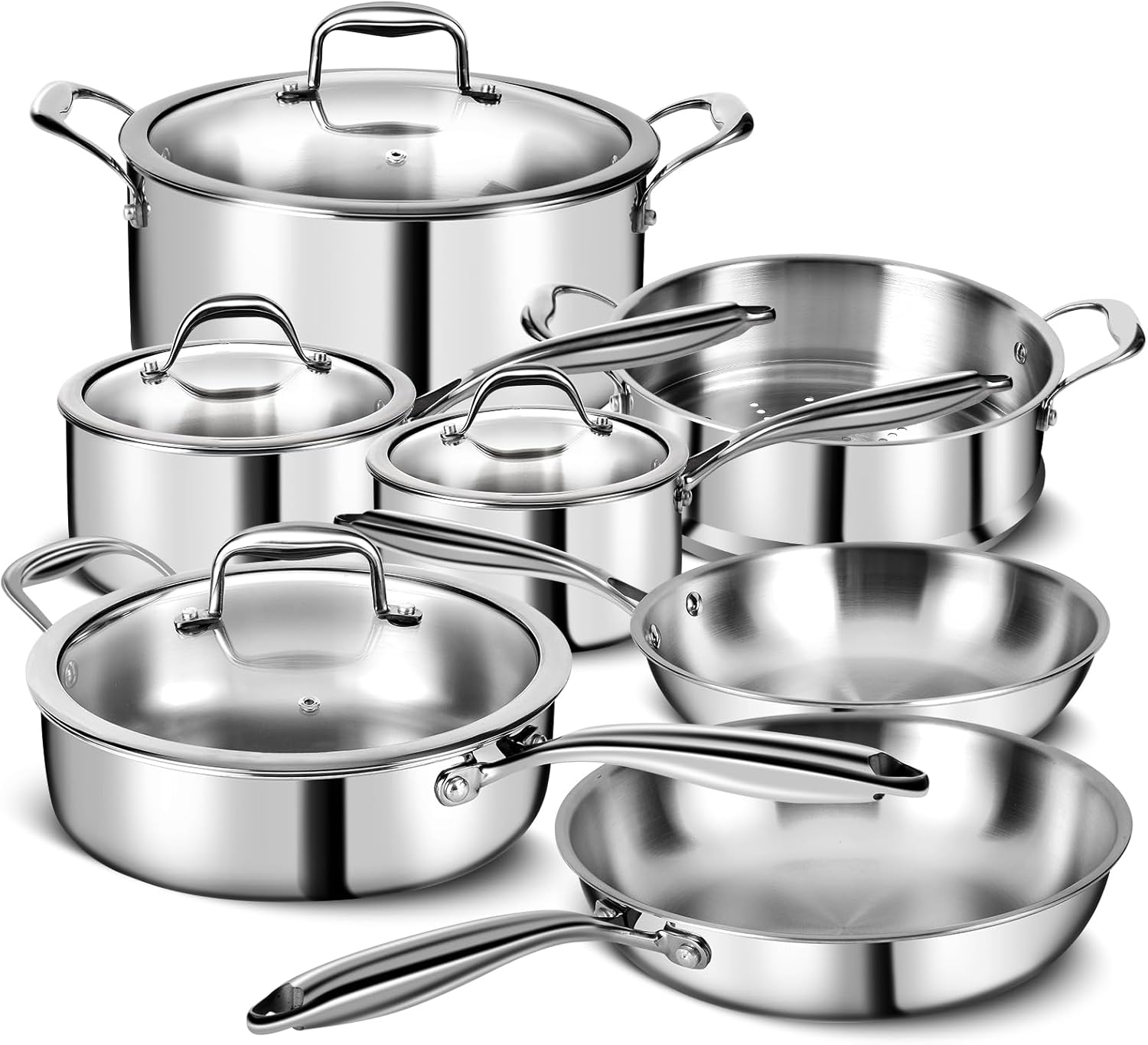 3層ステンレス鋼調理器具11点セット、鍋とフライパン、IH
