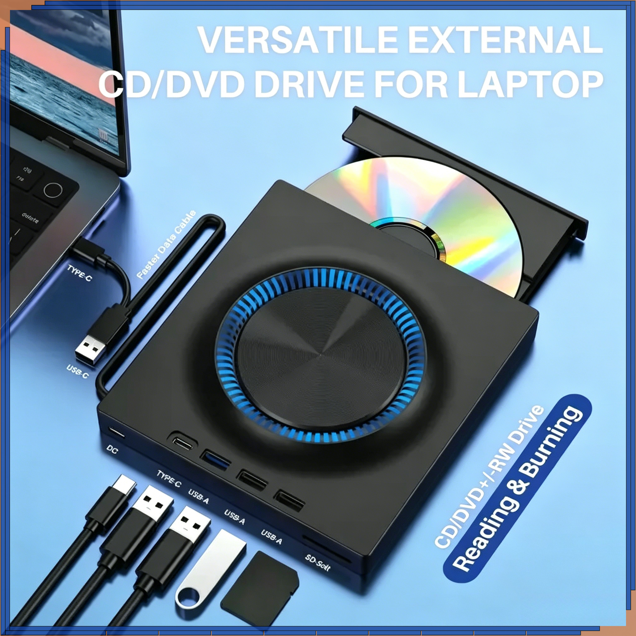 5-in-1 外付け CD/DVD ドライブ ミュート設計 USB3.0 Type-C ポータブル CD DVD バーナー プレーヤー 光学ドライブ ラップトップ Windows Mac Linux 用