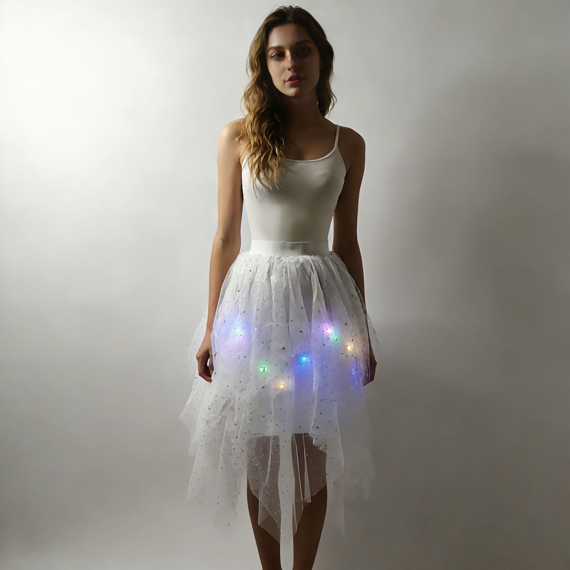 LED ライトアップスパンコールスタースカート女性ガールズドレスアップグロードレスダンスパフォーマンス着用ハロウィン結婚式誕生日パーティー衣装