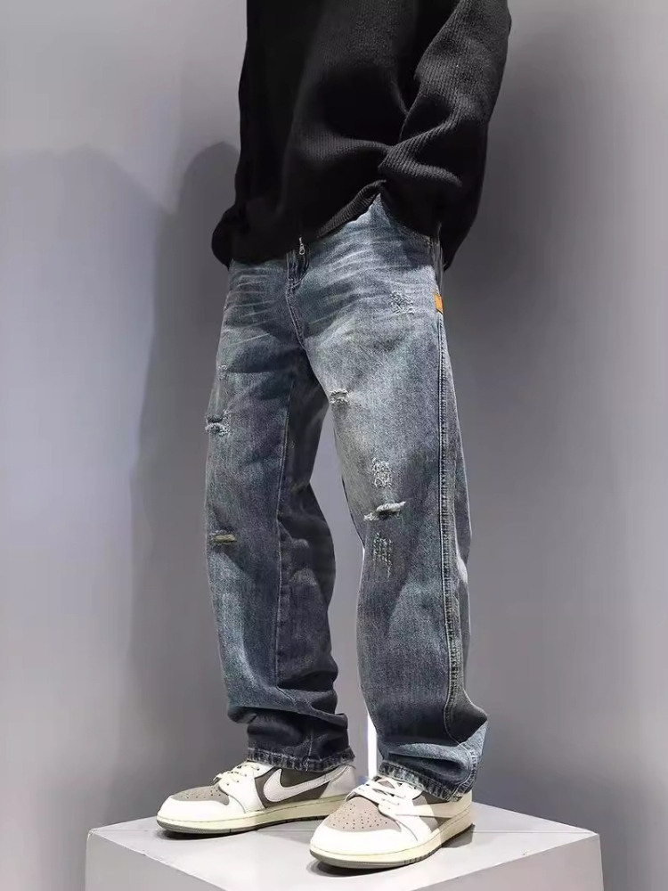 新しいメンズリッピングジーンズだぶだぶストレートファッションヴィンテージブルーデニムパンツ人格ストリートヒップホップ高品質男性ズボン