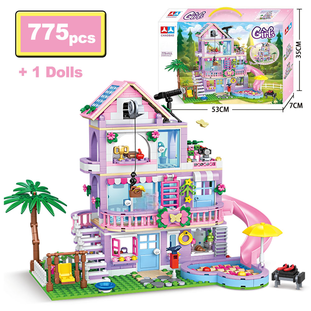シティフレンズ女の子のヴィラビルディングブロック MOC 3 階建ての建物ココナッツの木スライドハウスフィギュアレンガのおもちゃ子供のためのギフト