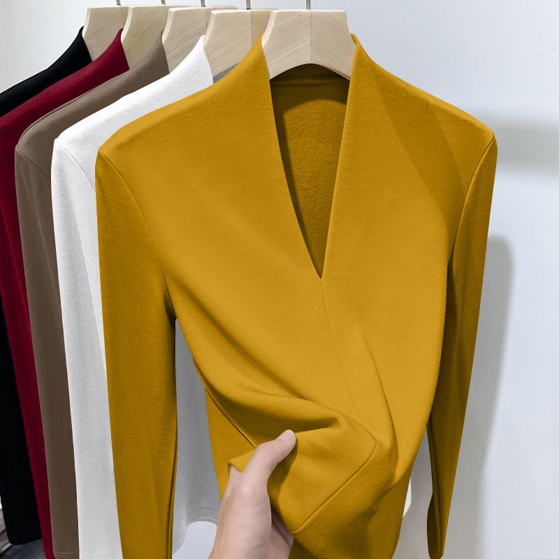 女性の新しい秋暖かいスレッドボトムシャツ冬無地 V ネック長袖 Tシャツトップセーター暖かい下着プルオーバー