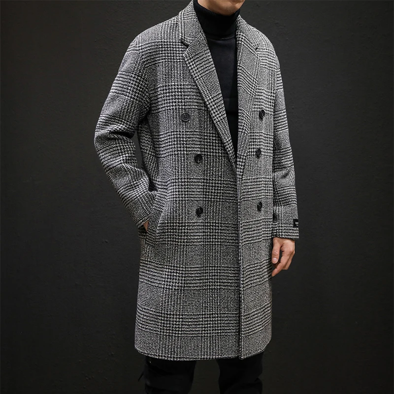 YASUGUOJI Casual Double Breasted Mens Wool Overcoat Winter 2025 Houndstooth Jacket Men Turn-down Collar Long Woollen Wind Coat