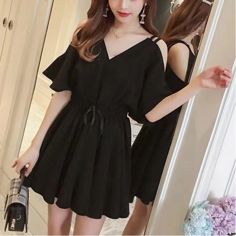 レディース V ネックシンプルさエレガントなトレンド気質レディースドレス無地ファッションスリムオフショルダー夏の新スタイル
