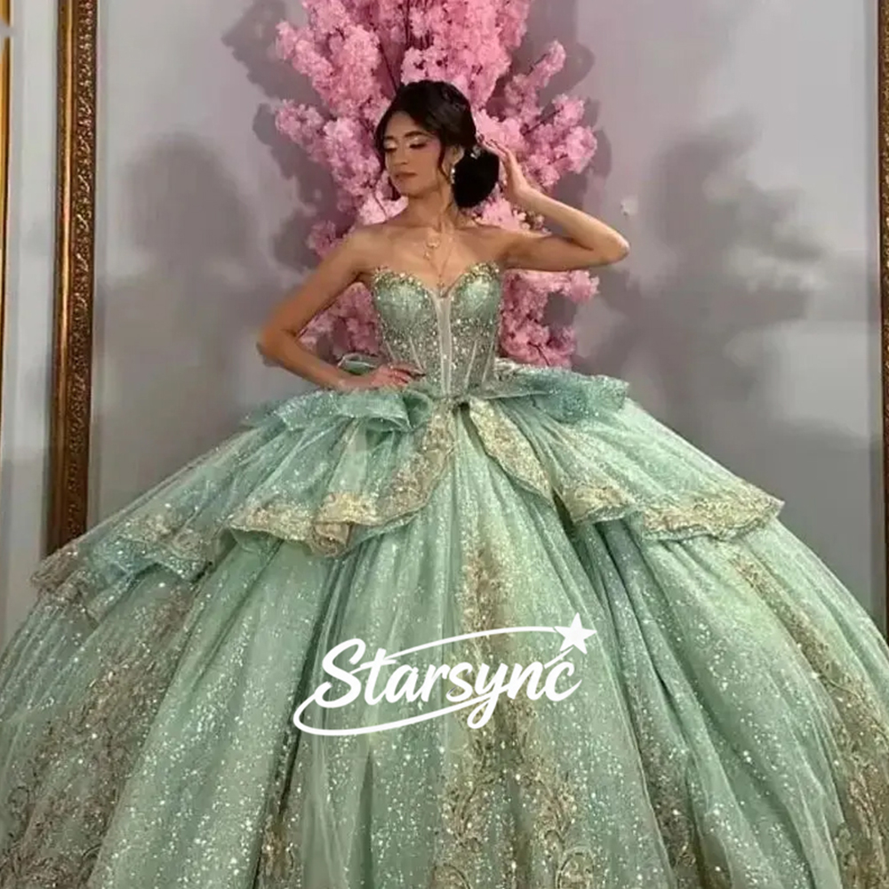 Starsync カスタマイズされたきらびやかなセージグリーンキンセニエラドレス弓クリスタルゴールドレースビーズ誕生日パーティー Vestidos