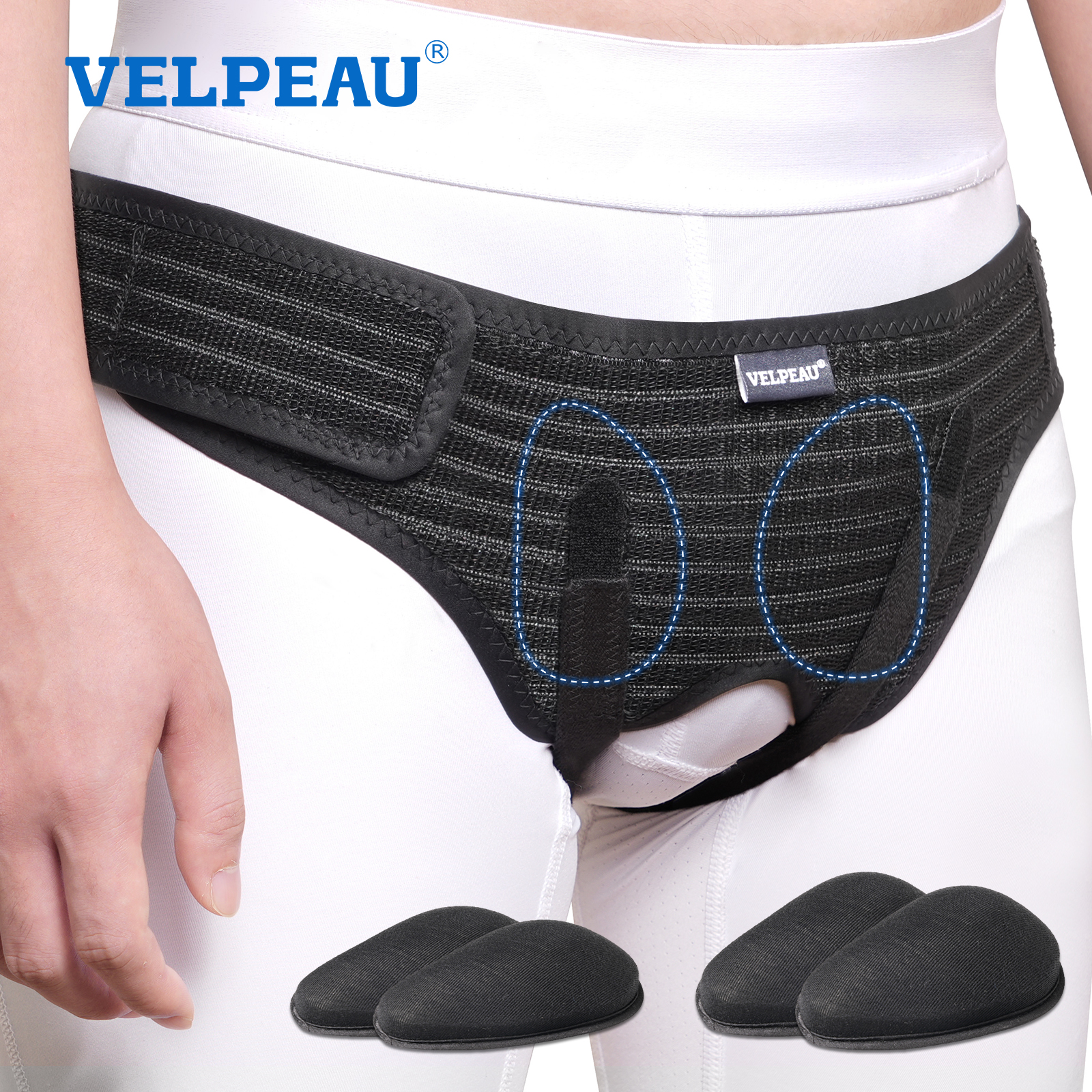 VELPEAU ヘルニアベルト シングル/ダブル鼠径部および鼠径部ヘルニアの痛みを軽減、ヘルニアサポートトラス、4 つの圧縮パッド付き
