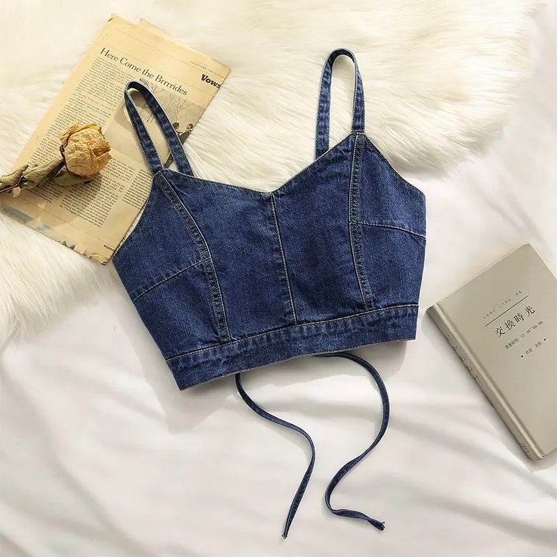 女性のデニムストラップベスト夏服 ort Sle ベルト付きスリミングトップピュアカラー通勤 Sle Bal デザイン