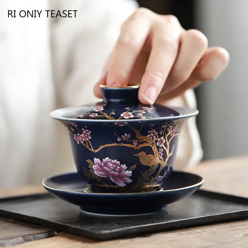 宮殿高級エナメルセラミック Gaiwan ティーカップ手描きの花柄茶チュリーン旅行茶ボウルホーム茶器箸置き 150 ミリリットル