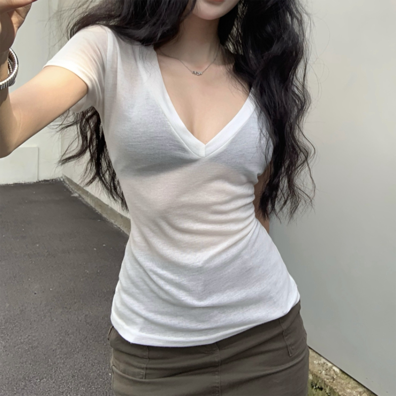 女性半袖 Tシャツシースルー夏固体スリムカジュアルシャツ女性プルオーバー基本 Tシャツ Y2k 服ストリートトップ