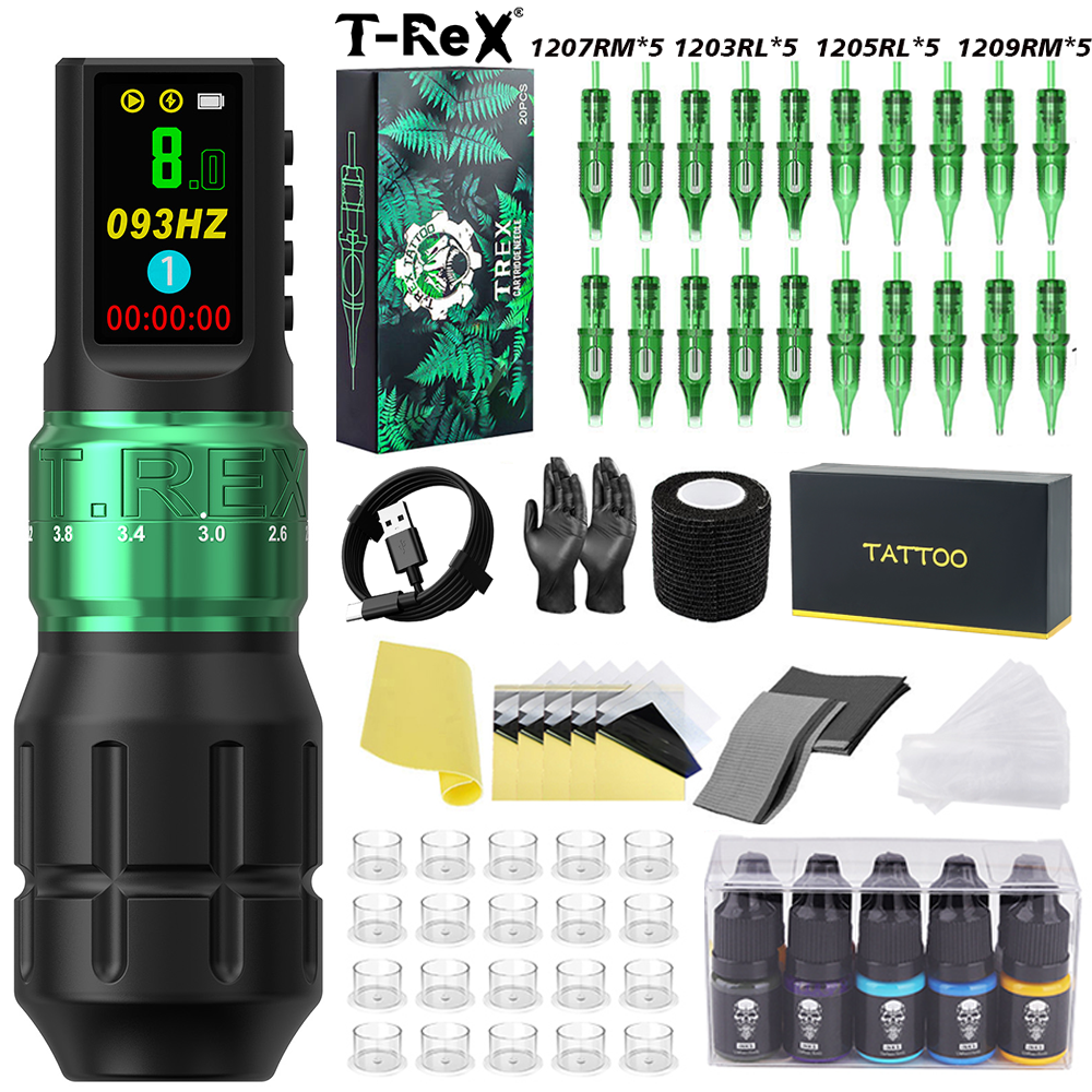 T-Rex タトゥーキット新しいクールなワイヤレスタトゥーマシンペン 7 調整可能なストロークモーター LCD スクリーンアートメイクタトゥーペンキット
