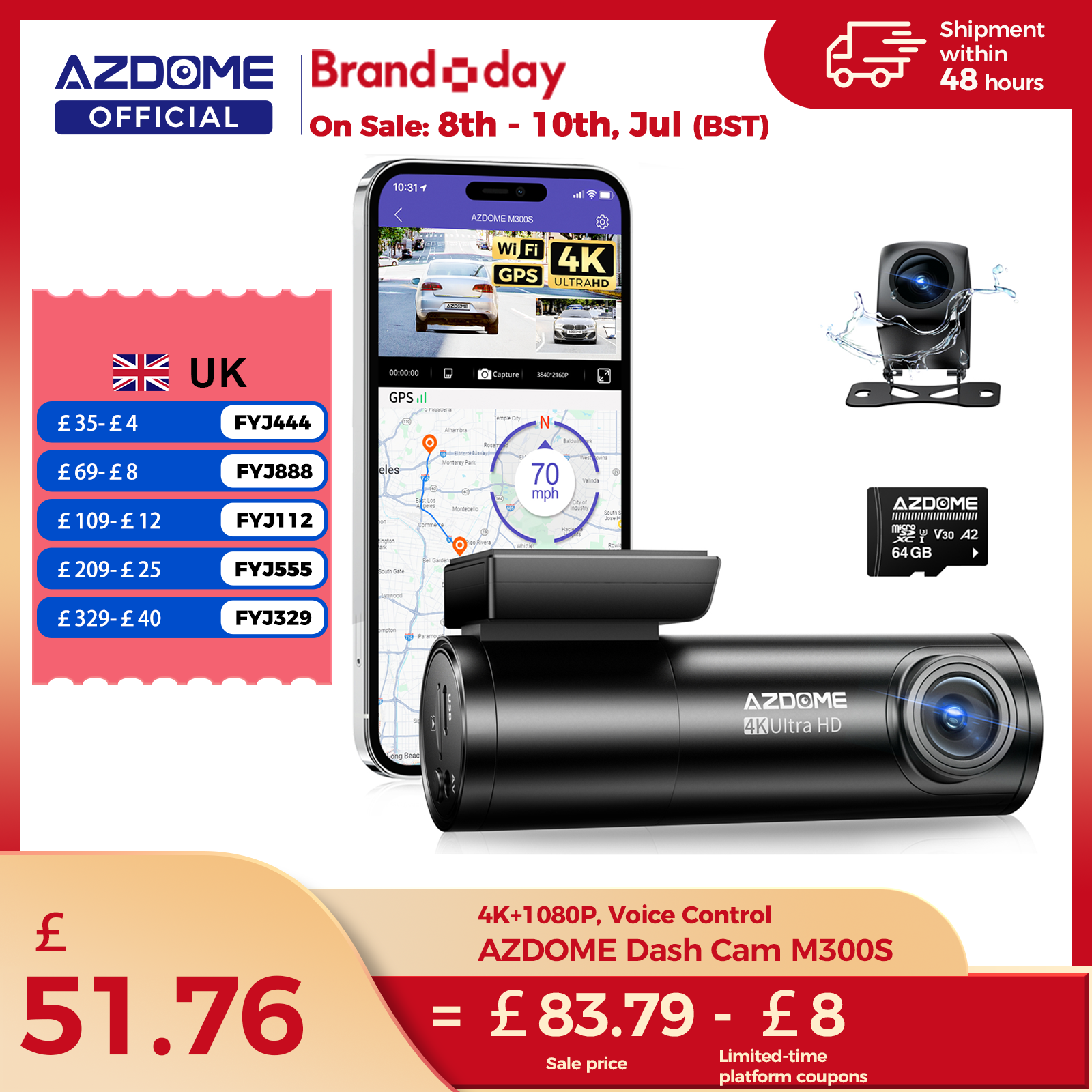 AZDOME M300S 4K ダッシュカム フロントとリア、内蔵 ADAS WiFi GPS ダッシュカメラ 車用、無料 64GB カード、音声コントロール、ナイトビジョン