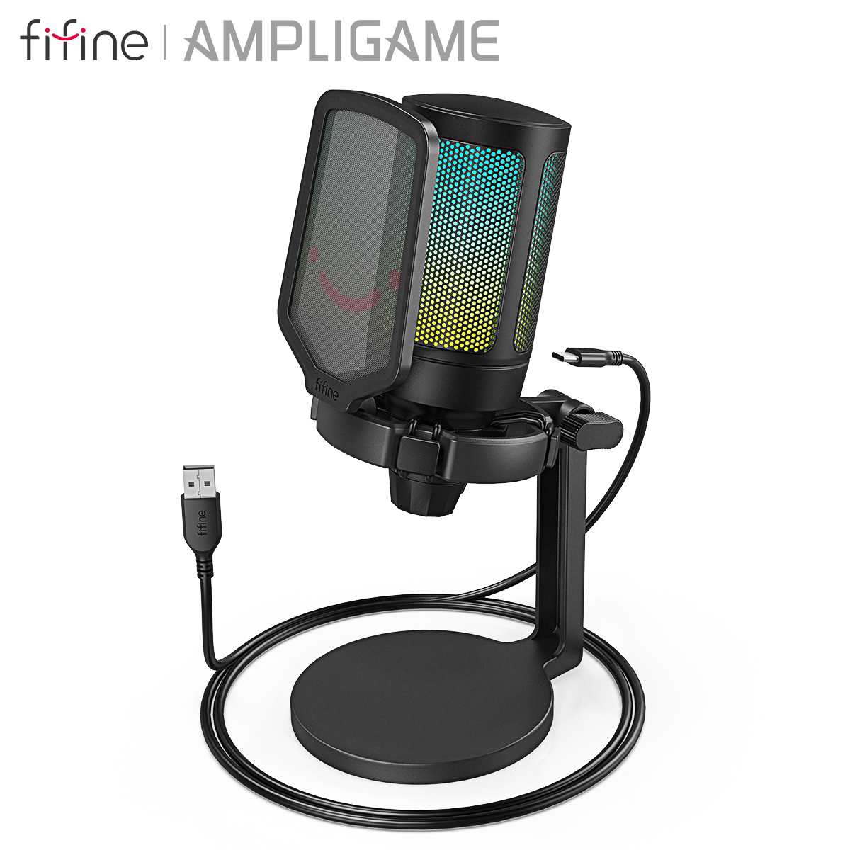 AmpliGame by FIFINE USB ゲーミングマイク、RGB、ゲインノブ、タッチミュート、PC、スイッチ、PS5-A6NEO 用ストリーミングポッドキャストコンデンサーマイク付き