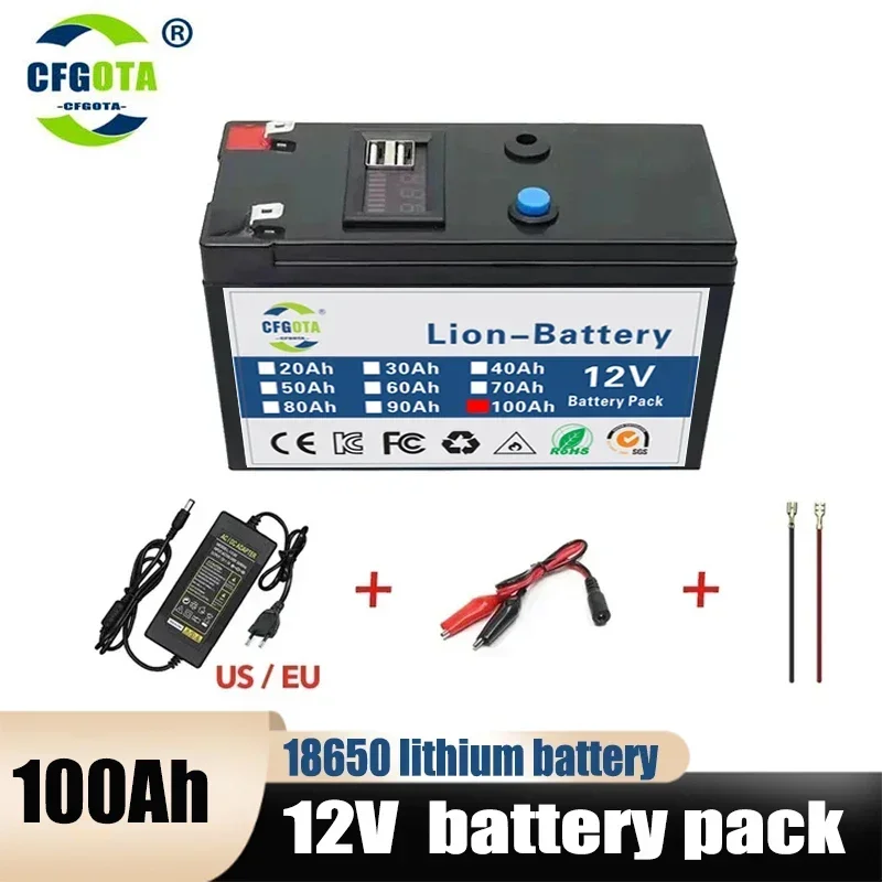 12V バッテリー 100Ah 18650 充電式 LiFePO4 リチウム電池内蔵 5V 2.1A USB 電源ディスプレイポート充電器 12.6V 3A 充電器