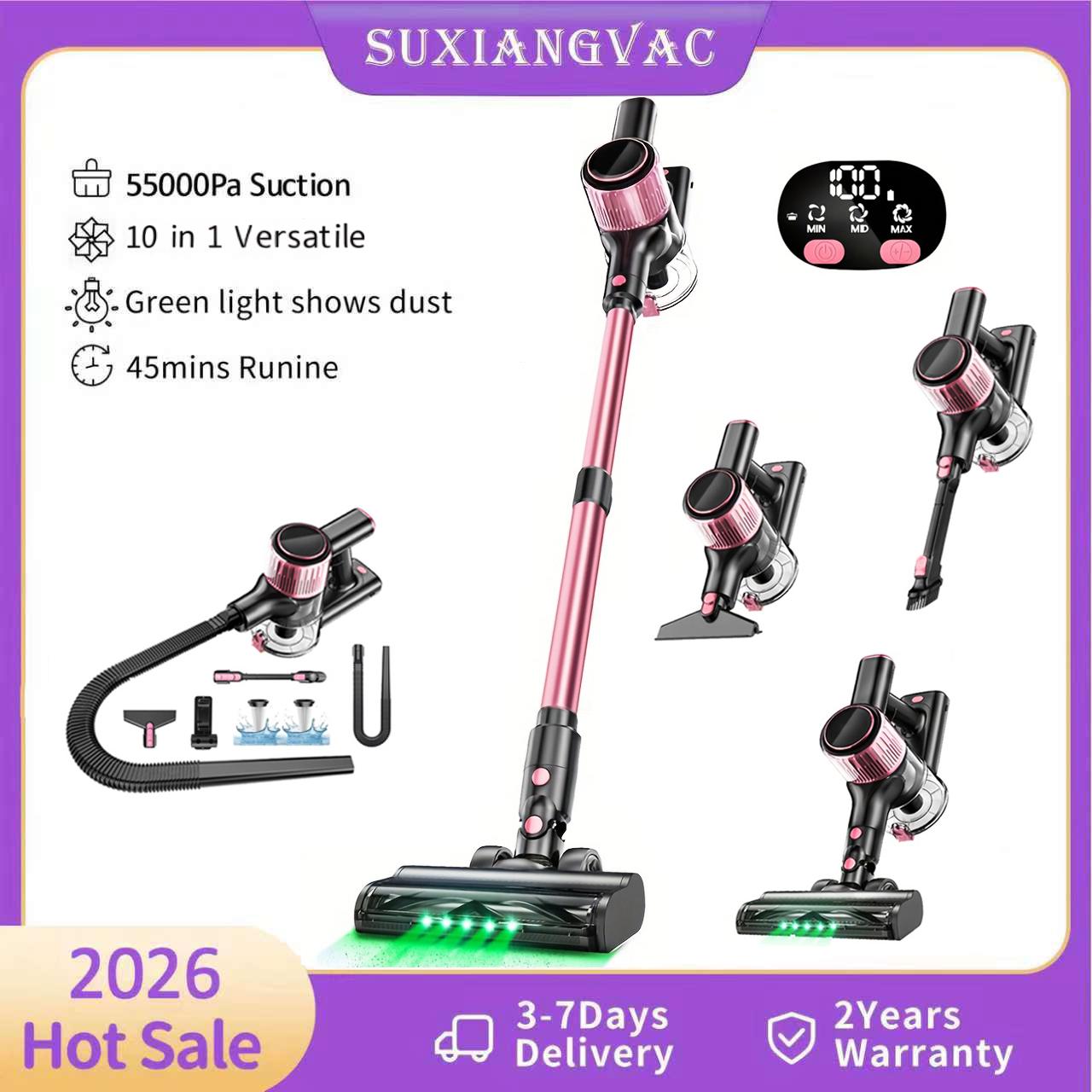 コードレス掃除機、55Kpa/500W/45min 10 in 1強力スティック掃除機、家庭用ペットの毛/硬い床/カーペット用