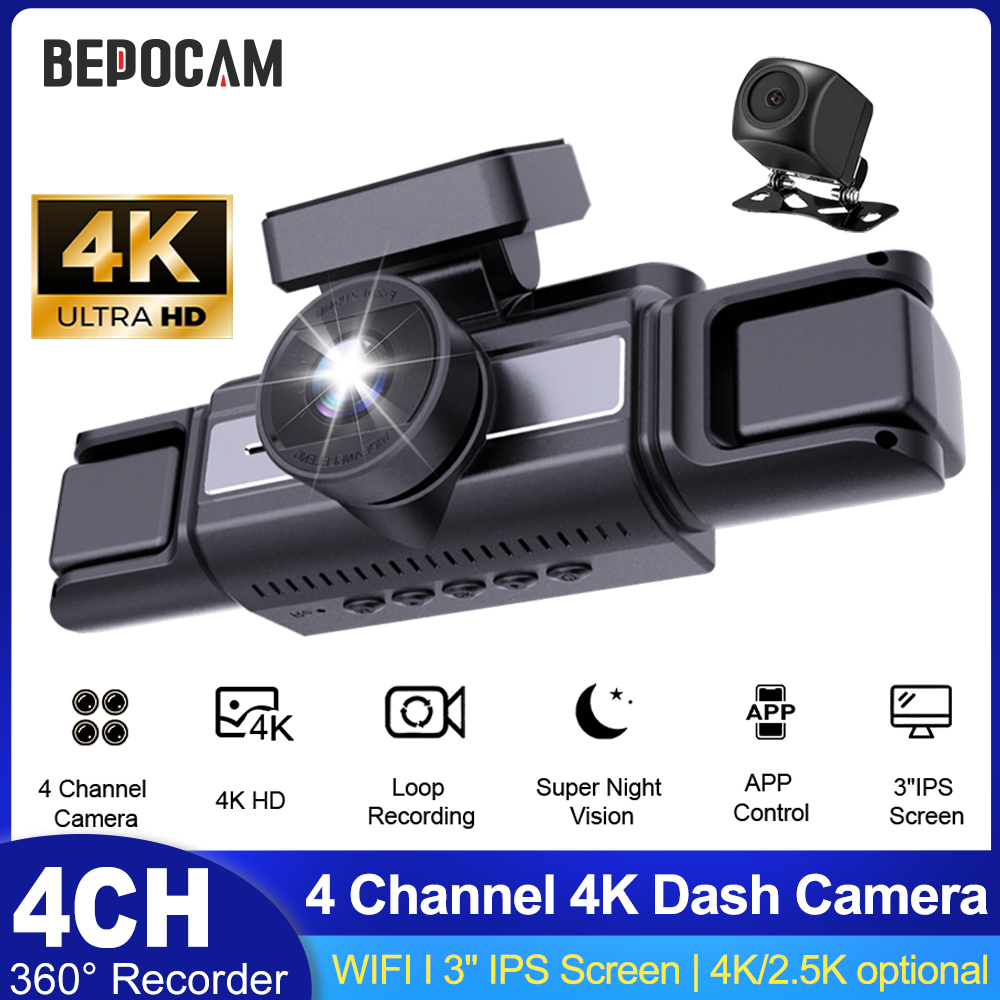 BEPOCAM 4 チャンネル 4K ダッシュカメラ 車用 360° ダッシュカメラ 4 レンズ 1080p フロント左右リア車 DVR Wifi