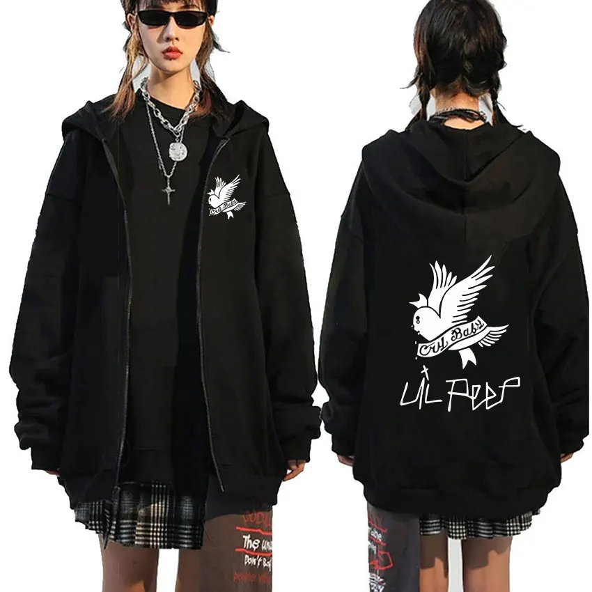 Lil Peep Cry Baby Dove グラフィック ジップアップ パーカー カジュアル オーバーサイズ ブラック フード付き ジャケット ストリートウェア