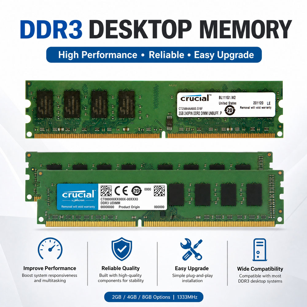 Crucial DDR3 DDR2 DDR3L PCデスクトップRAM 2GB 4GB 8GBキット (2x4G)(2x8G) 1600 1333 1866MHz メモリDIMM PC2-6400 5300 PC3-12800 14900