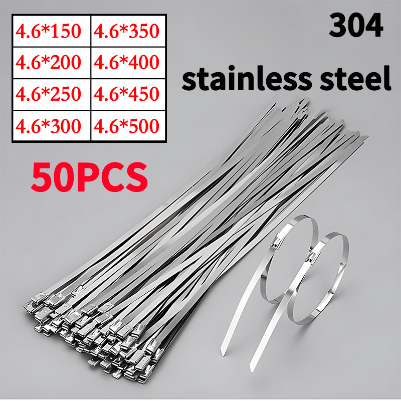 50 個 304 ステンレス鋼ジップタイ、高耐久セルフロック金属ケーブルタイ 4.6mm、防錆