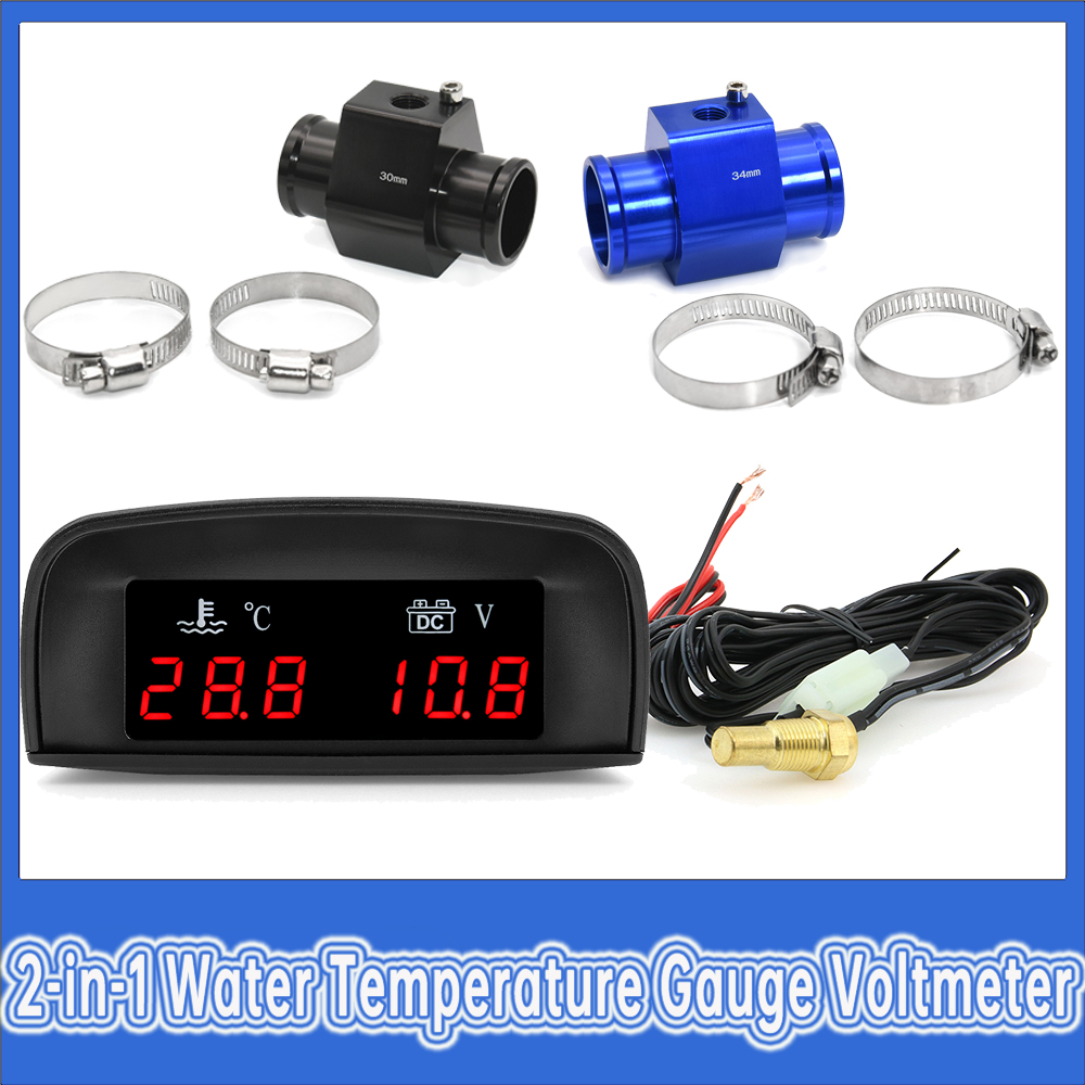 2 in 1 車ゲージ水温ゲージ電圧計 LCD 計器水温センサー 10 ミリメートル赤色光 12V 24V