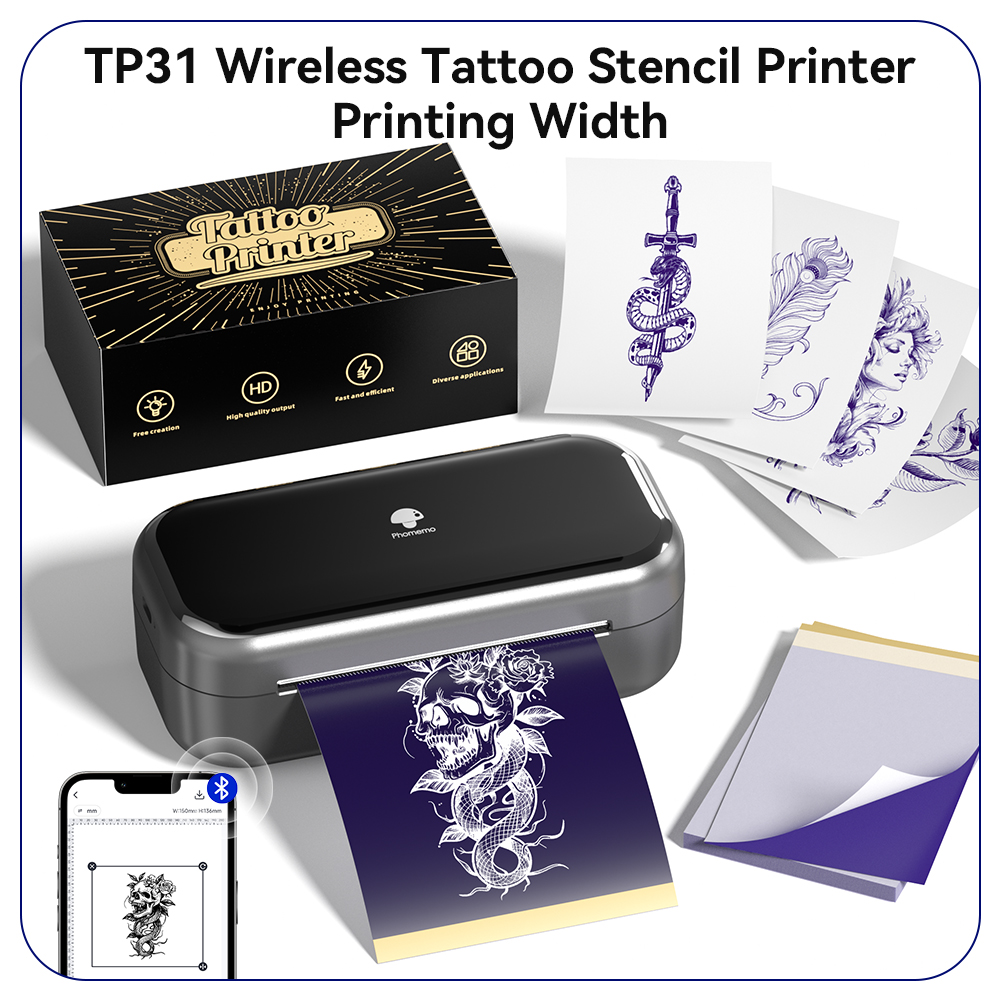 ポータブルタトゥーステンシルプリンター TP31 Bluetooth ミニサーマルプリンター、80mm 転写紙用、タトゥーアーティストのデザインに最適