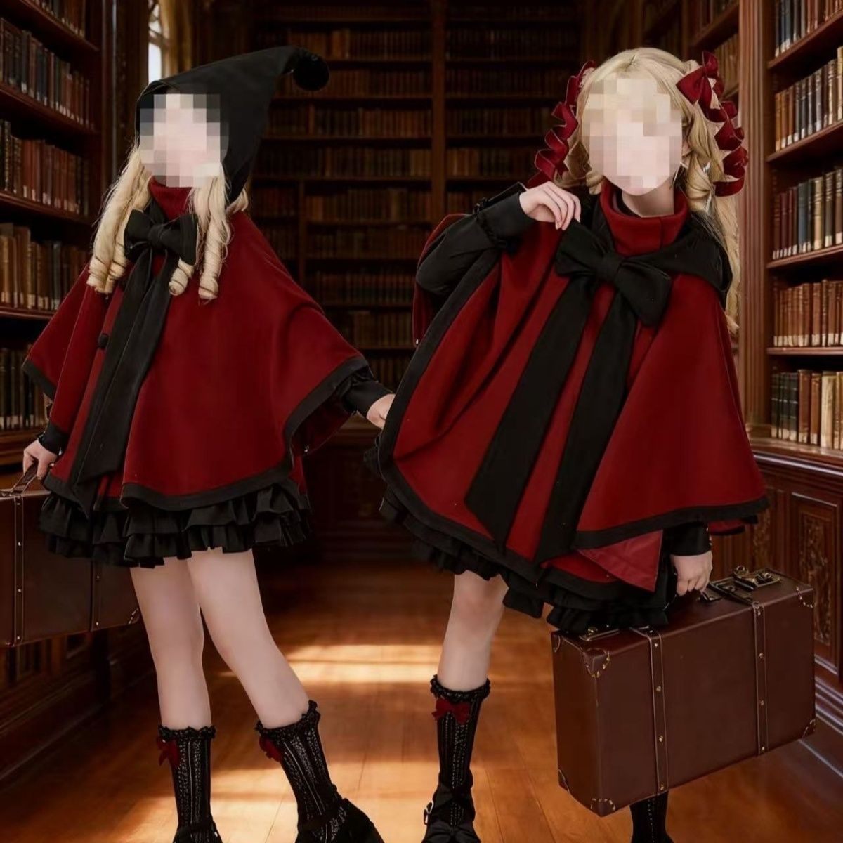 NONSAR 秋と冬日本のかわいい甘いロリータマント女性ハロウィンヴィンテージベルベット赤いケープコートショール帽子