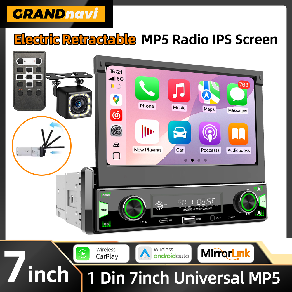 1Din 7 ''MP5 ラジオプレーヤー FM AM RDS 自動格納式スクリーン ワイヤレス Carplay Android 自動マルチメディア USB タイプ C カーステレオ