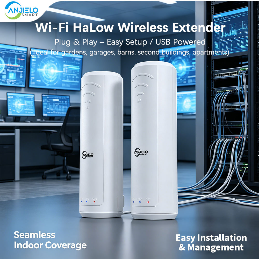 ANJIELO WiFi HaLow エクステンダー長距離ポイントツーポイント屋外ワイヤレスブリッジ 20dBi アンテナ付き、壁貫通 300 メートル、プラグ