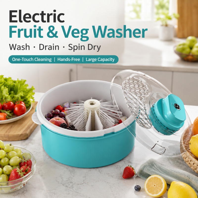 Rechargeable Fruit and Veg Washer Spinner 28cm Electric Produce Cleaning Bowl with Drain Basket for Salad Greens Berries