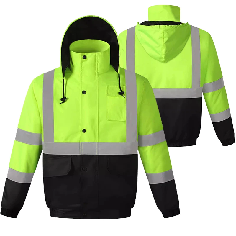 Hi Vis コットン冬用安全コート、安全ジャケット防水ポケットとジッパー付き、交通高速道路レインコート