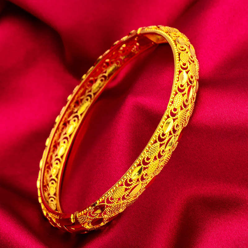 24K ゴールド AU999 レディース フェザー クラスプ ブレスレット - 3D フェザー レリーフ、クラスプ デザイン、簡単に着用でき、豪華でダイナミックなお世辞