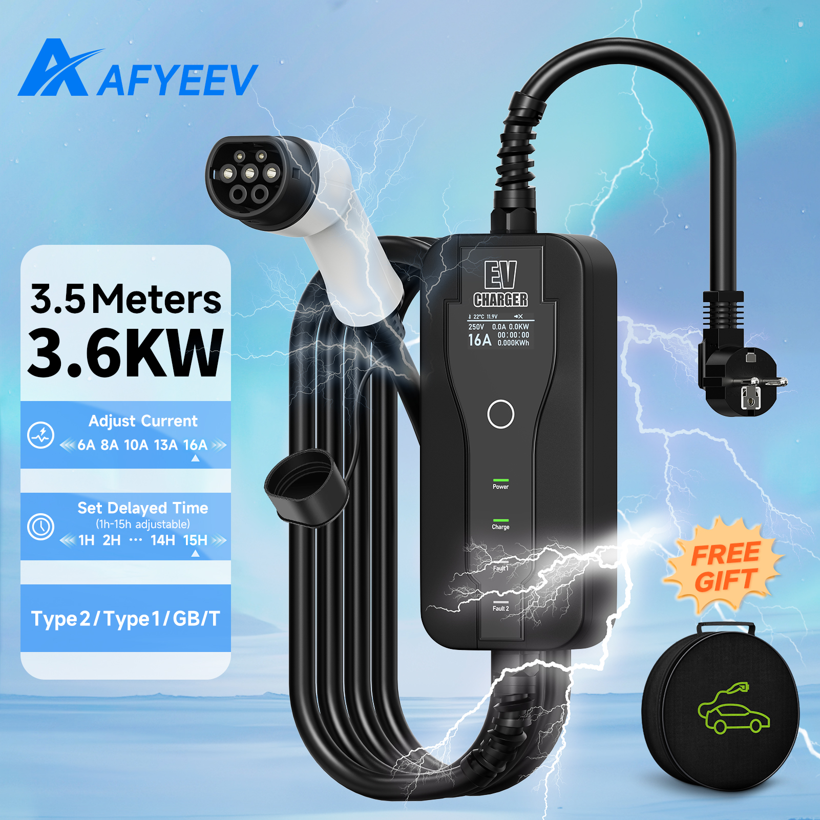 AFYEEV 3.6KW Type2 EV ポータブル充電器 16A 1 相 Type1 / GB/T プラグコネクタウォールボックス充電ステーション電気自動車用