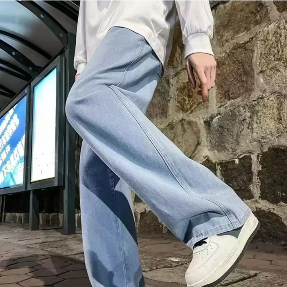 2025 新ストリートルーズジーンズ男性韓国スタイルのファッションルーズストレートワイドレッグパンツメンズブランド服ブラックライトブルー 3XL