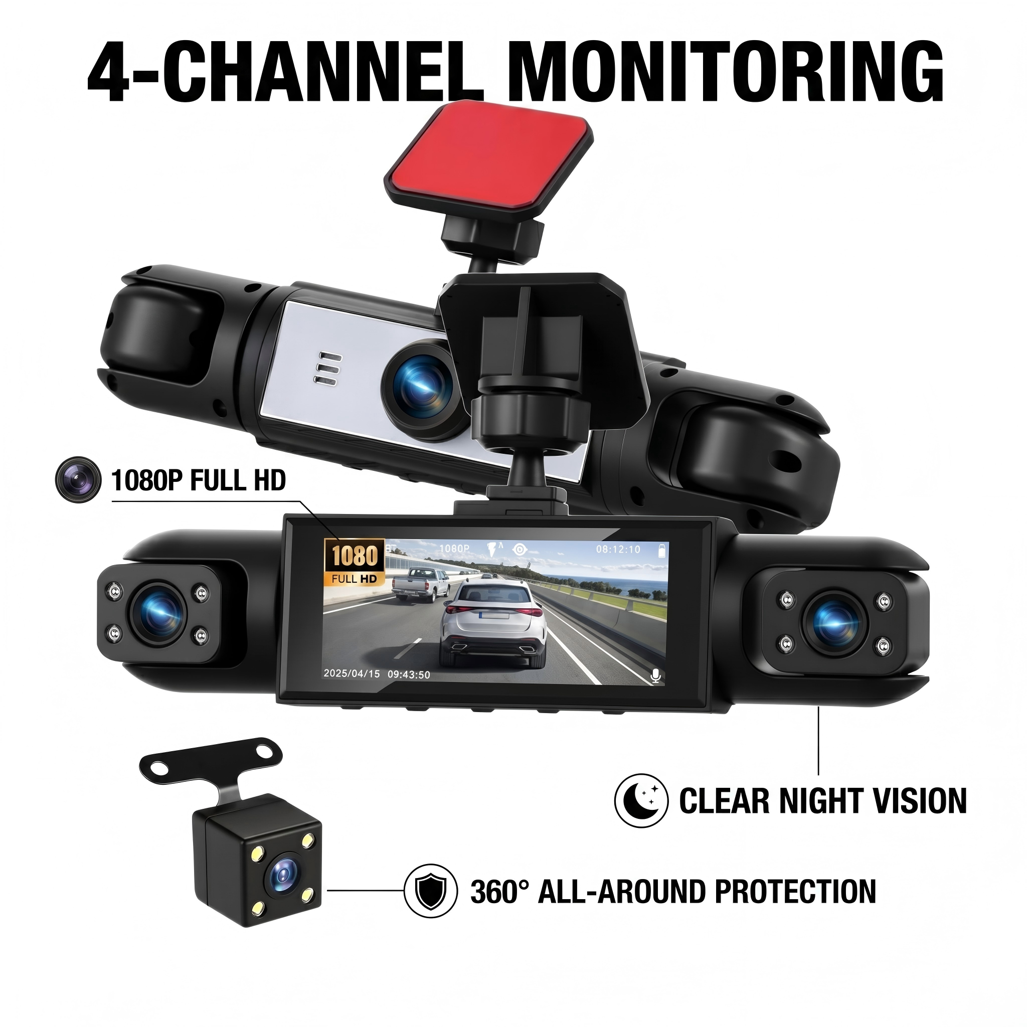 A 4-Lens Dash Cam, Suitable for Reversing Images, Parking Monitoring, and Security Monitoring