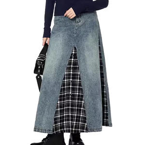Boutique 2025 レディース 夏用 ロング Aラインスカート ハイウエスト ウォッシュ加工デニム スリムフィット スタンダードシルエット ナチュラルウエストライン パッチワークデザイン