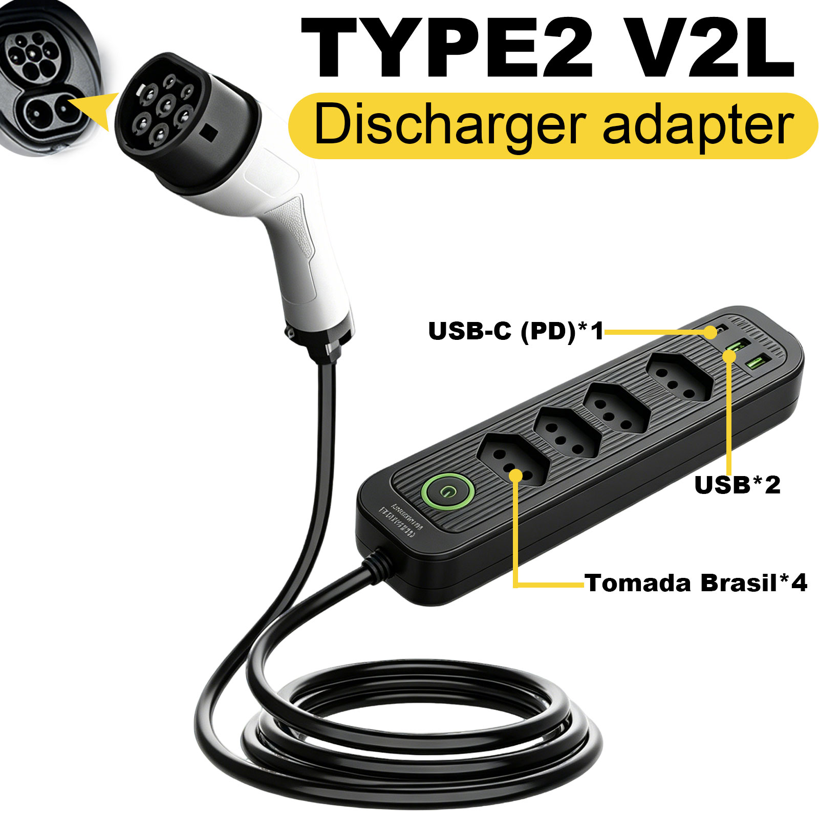 Type2 V2L 放電アダプタ 16A ブラジルソケット EV から屋外発電所 BYD MG Jaecoo Geely EX5 電気自動車外部用
