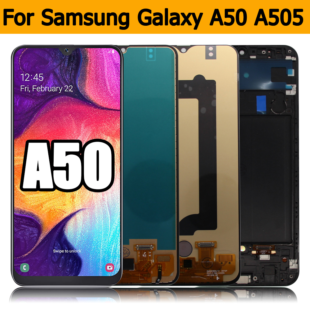 AMOLED ディスプレイサムスンギャラクシー A50 液晶ディスプレイタッチスクリーンデジタイザフレーム付きサムスン A505 A505FN/DS A505F/DS A50 液晶