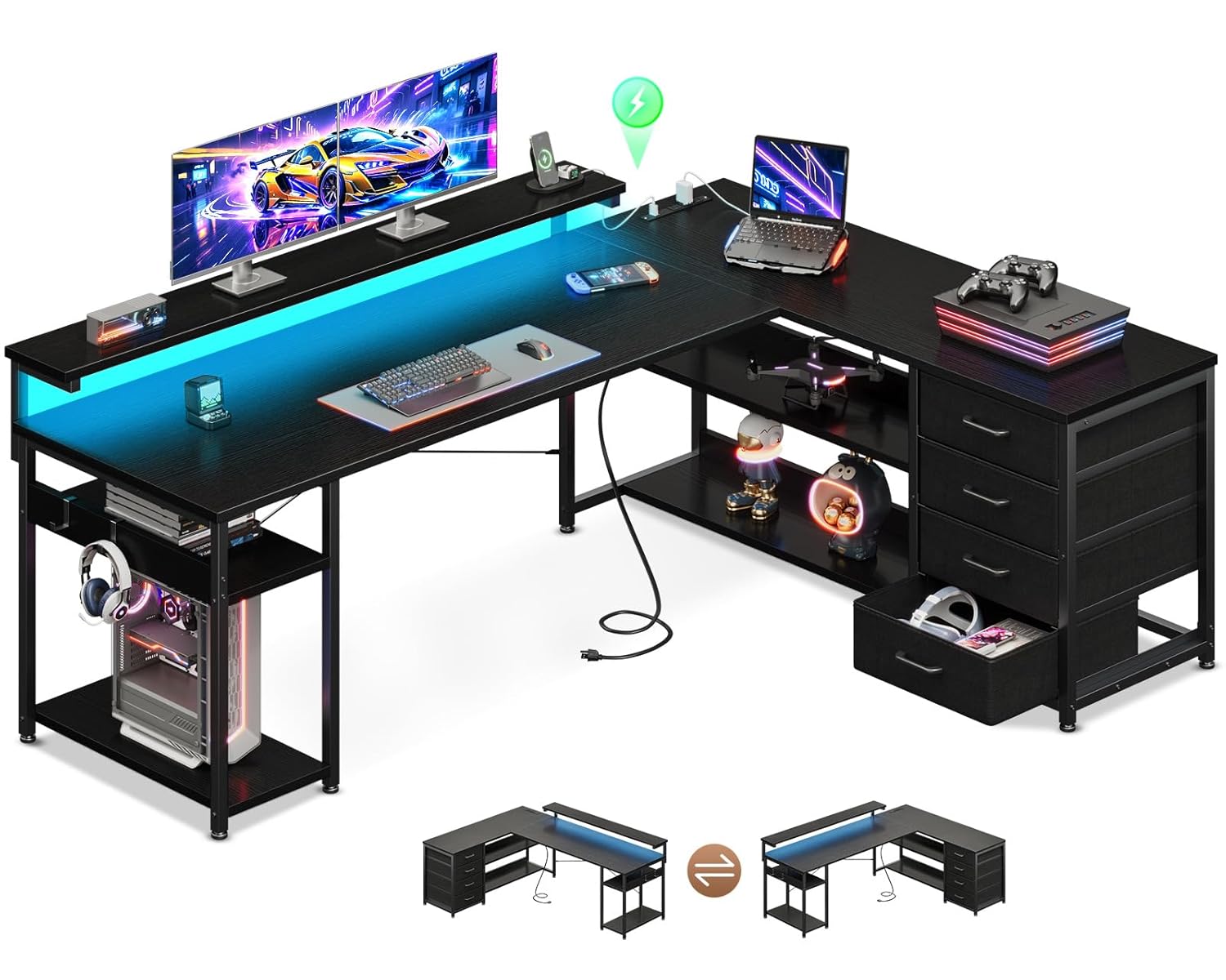 61 インチ L 型コンピュータデスク引き出し電源コンセント LED リバーシブルゲームワークステーションブラック、カスタマイズ
