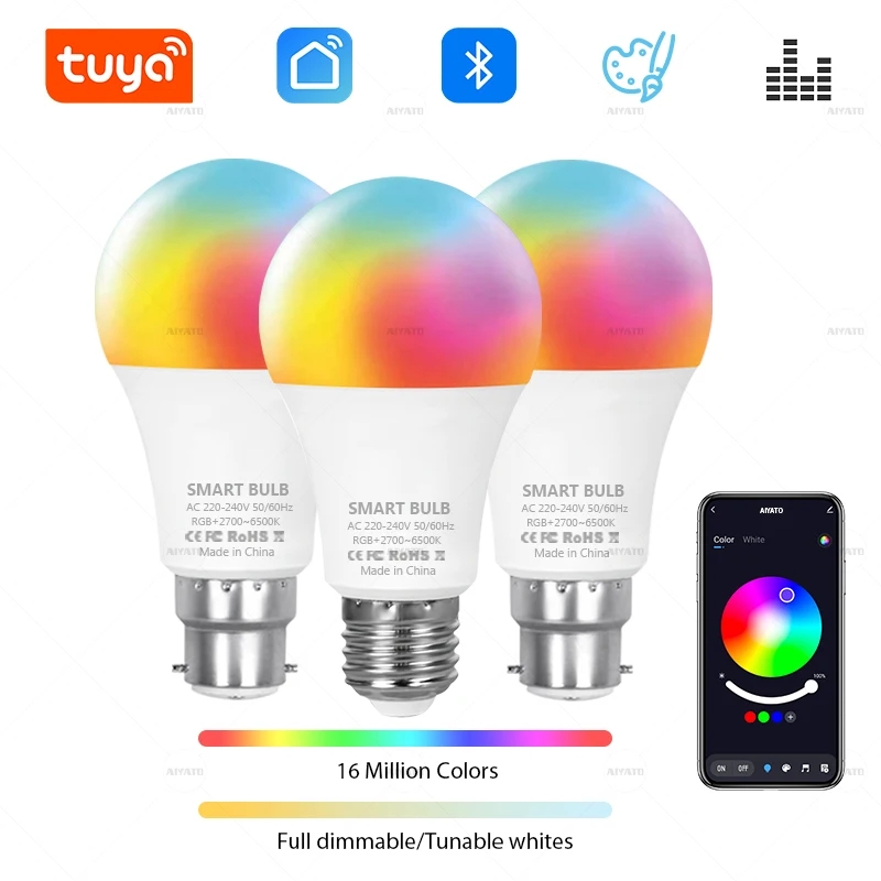 スマートライフアプリ Tuya Bluetooth LED 電球調光可能 15 ワット 18 ワット E27 B22 220 V RGBCW 色変更ランプグループ制御音楽リズムタイミング