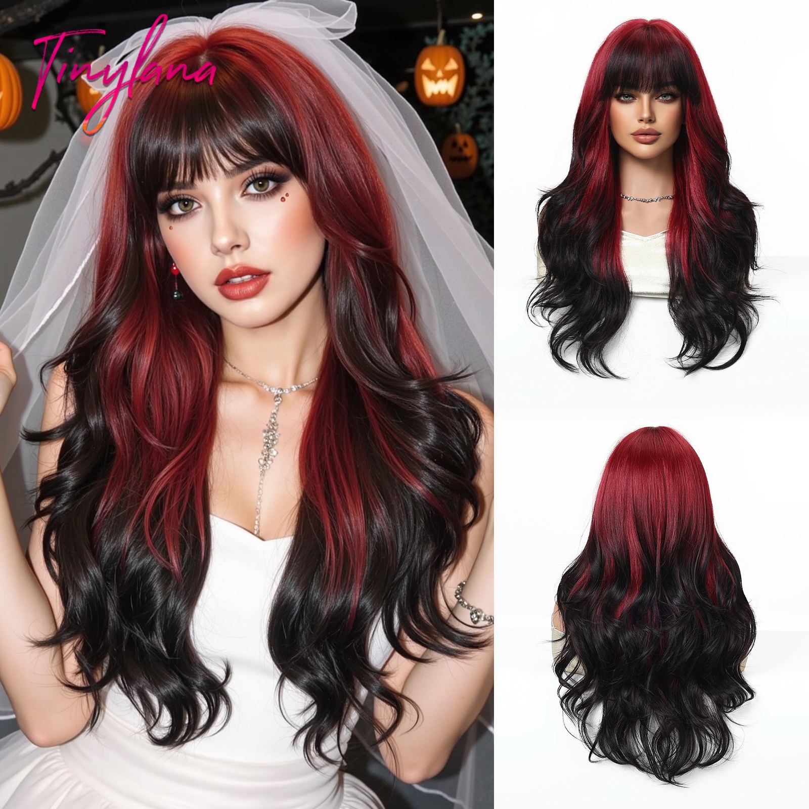 ロング赤黒オンブル波合成かつら前髪付き女性のための日常コスプレハロウィンコスチュームヘアクリスマスウィッグ耐熱