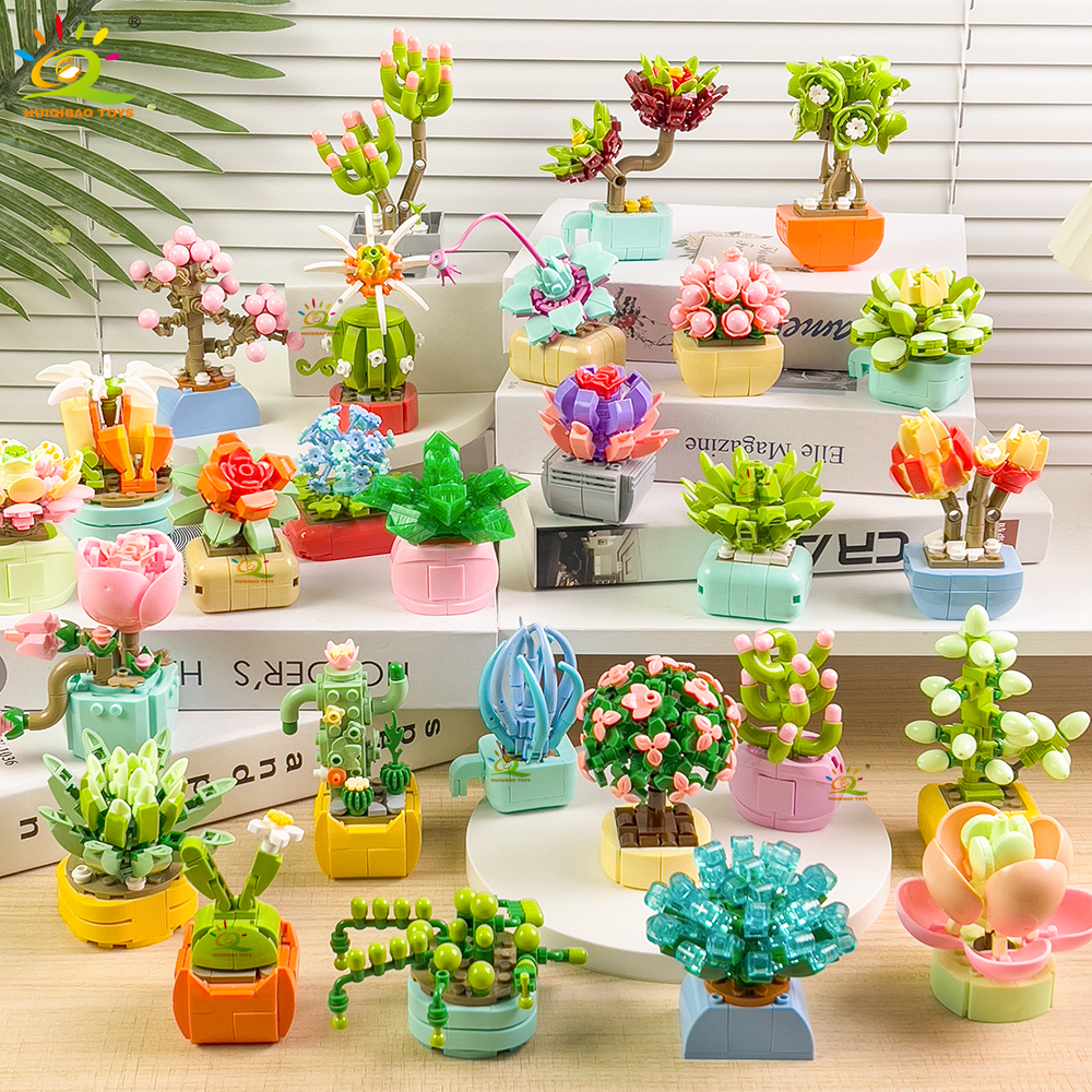 HUIQIBAO MOC 花多肉植物鉢植えモデルビルディングブロック DIY 永遠の花束ホームデスク植物装飾レンガガールギフト子供のおもちゃ