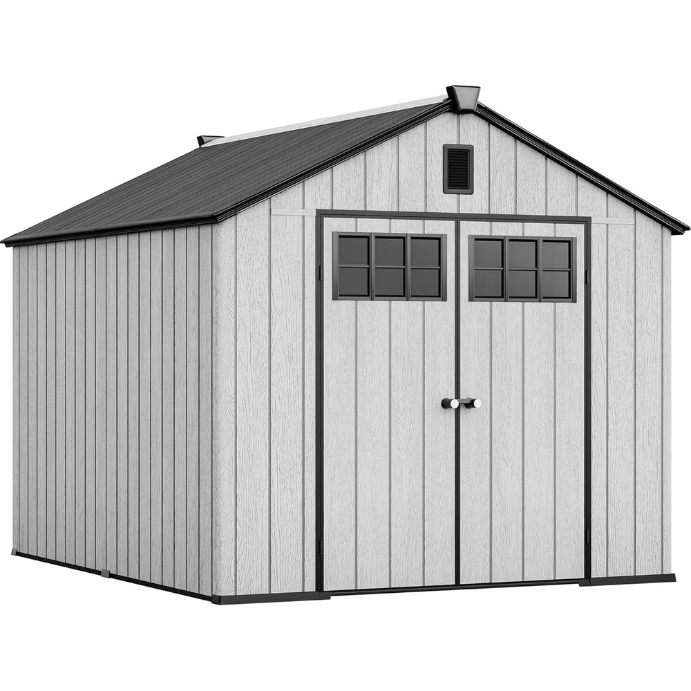 8x10 T 屋外収納小屋、床付き、極厚のプラスチック製庭小屋または自転車、ツールとプール用品、屋外樹脂小屋ウィット
