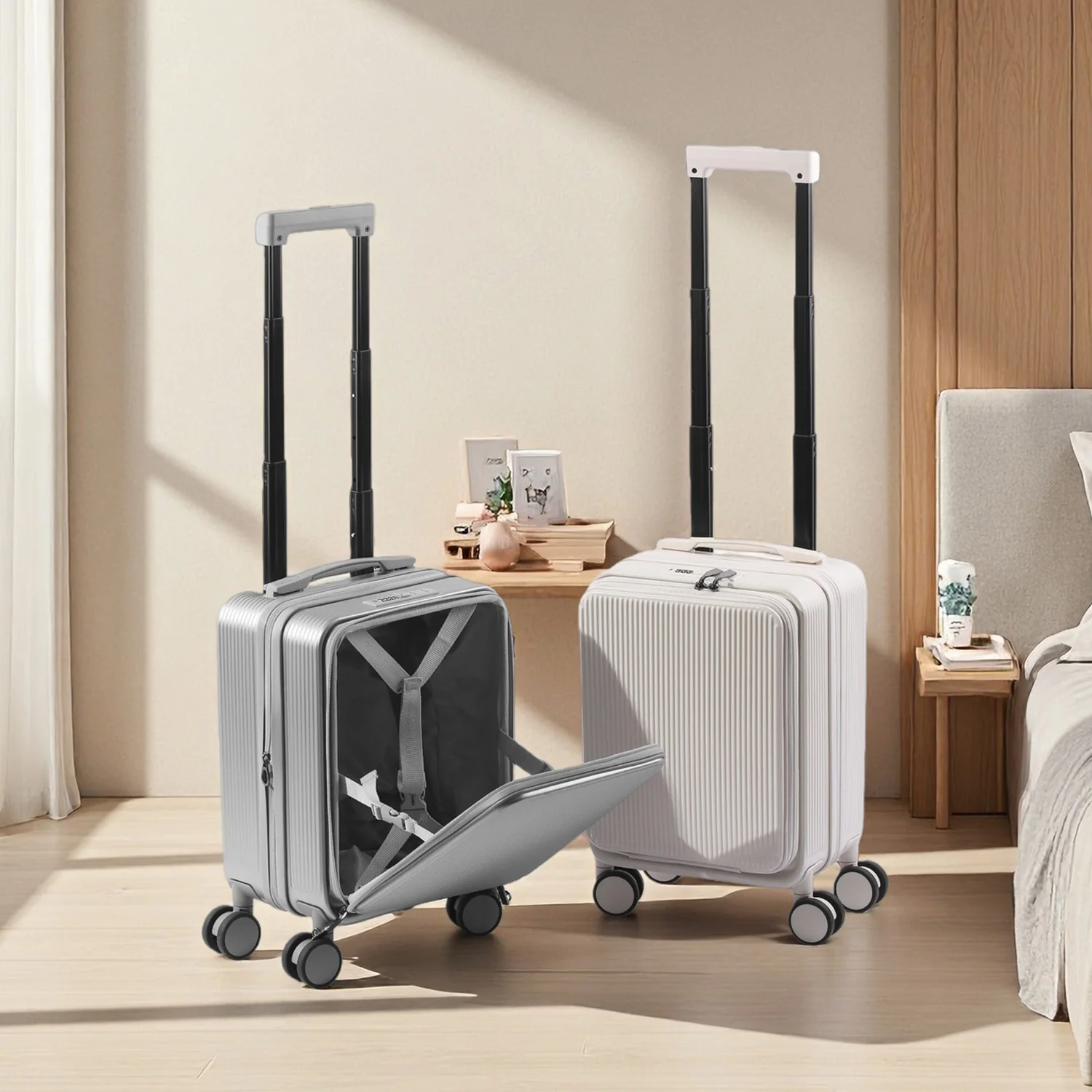 16 インチ フロントオープニング スーツケース – 拡張可能な機内持ち込み手荷物 大きく深いコンパートメント ウェット/ドライ オーガナイザー ABS PC 360° サイレント スピナー ホイール